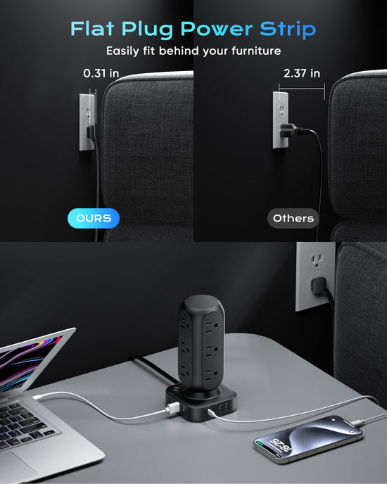 TenTrend power strip — flat plug with 12 AC outlets and 8 USB ports (4 USB-C)