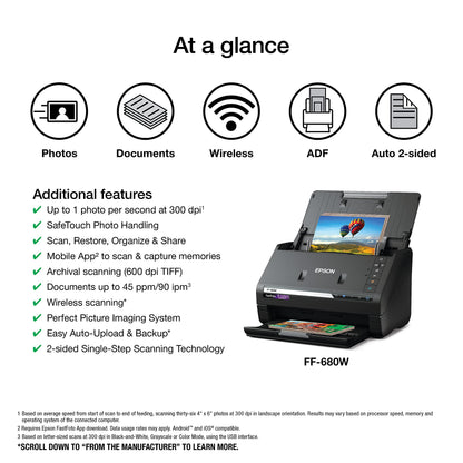 Epson FastFoto FF-680W scanner — wireless high-speed duplex scanning with mobile support