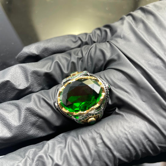 TASHILONG Emerald Stone Men Silver Ring 925 Silvering Emerald Gemstone Ring Handmade Engraved Turkish Silver Ring with Natural Emerald Stone (9)