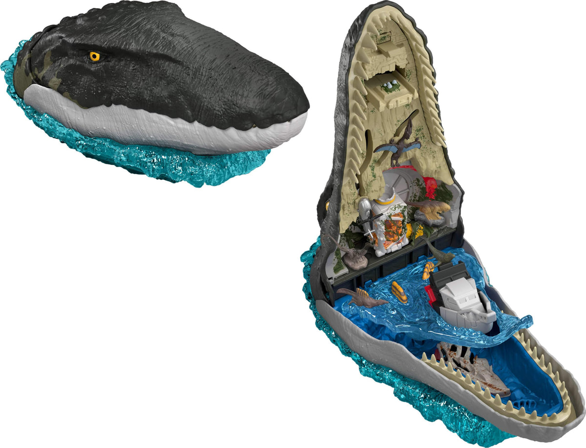 Jurassic World Mattel Jurassic World Rebirth Deluxe Mosasaurus Playset with 7 Interactive Features, 7 Sound Effects & 6 Micro Figures, Folds Up to Carry & Store