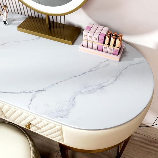 FUKAYI Faux Leather Makeup Vanity Desk Set with LED Lighted Mirror Luxury Dressing Makeup Table with Storage Drawers & Vanity Stool