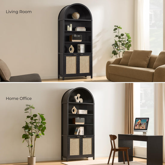 SICOTAS shelf — Arched cabinet bookshelf with doors and rattan accents 84.2 tall