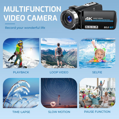 Camcorder Video Camera 4K 80MP Ultra HD Vlogging Camera for YouTube 18X Digital Zoom IR Night Vision 3.0" IPS Screen Video Recorder With Handheld Stabilizer, Microphone, 32G SD Card and Remote Control