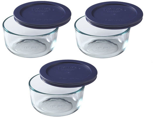 Pyrex storage container — round dish with dark blue cover, 2-cup pack of 3