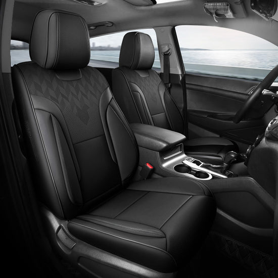 FEINEPRO Black Car Seat Covers Full Set - Breathable Faux Leather Universal 5 Seat Covers for Cars, Automotive Protector Fit for Most Sedan SUV Pick-up Truck