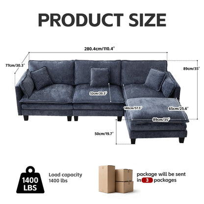 Opiesit Modular Sectional Sofa with Movable Ottoman, 110" 4-Seat Modern Couches for Living Room, Comfy L Shaped Couch Set with Deep Seat for Office and Apartment, Blue Chenille Fabric
