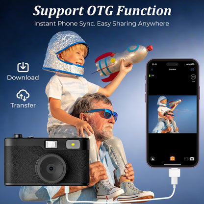 Screen Free Digital Camera, Reusable 12MP Vintage Digital Camera with Unlimited DIY Filters, OTG Support and Flash Light for Summer Camp with 8GB Micro SD Card, OTG Adapter and Type-C Cable（Black）