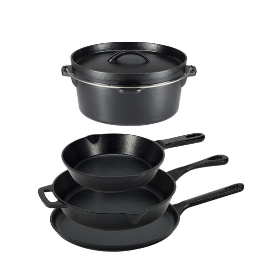 Cookware set — Pre-seasoned cast iron, oven safe, 5 pieces, black color
