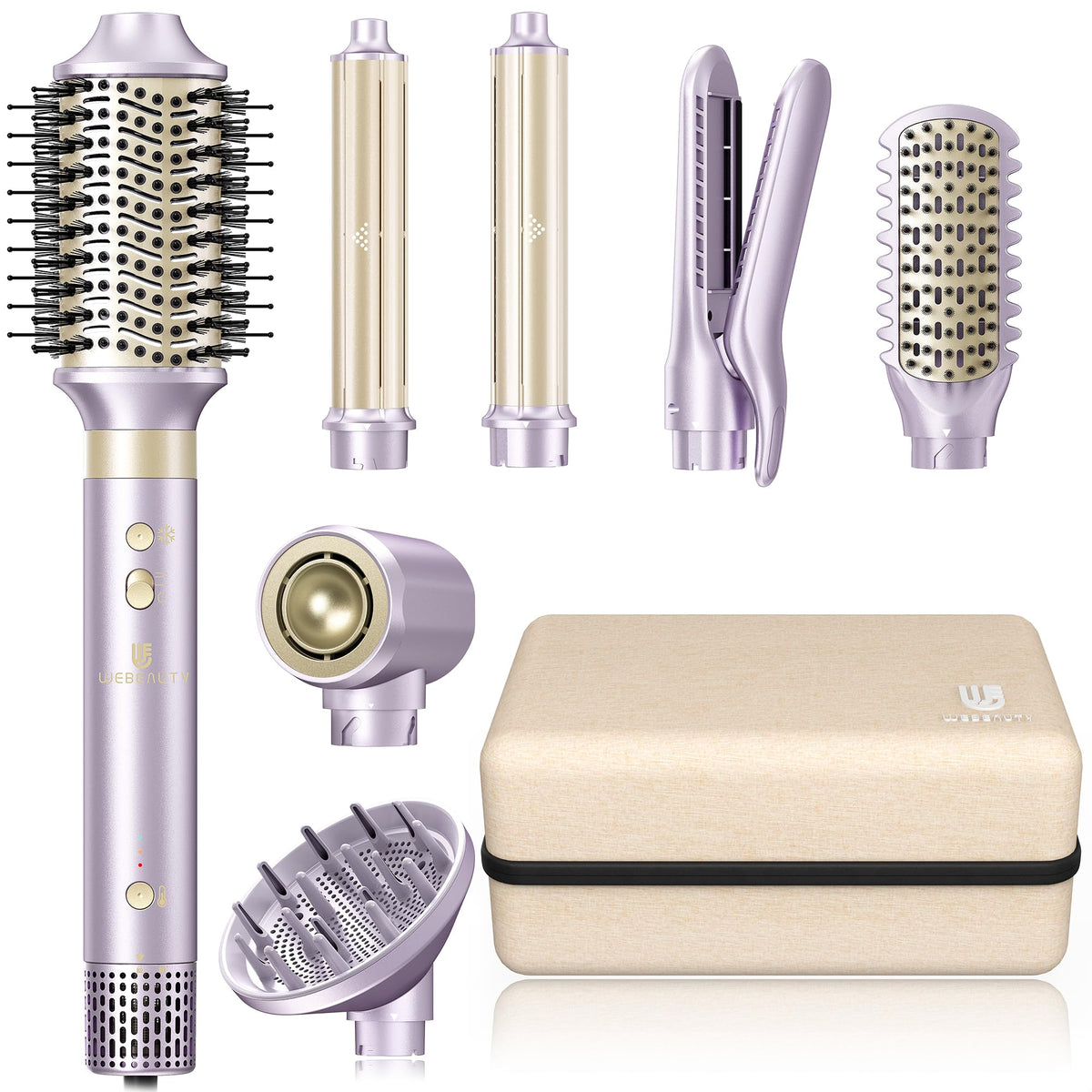 Hair Dryer Brush 8-in-1 Dual Voltage Hot Air Styler – Fast-Drying 110,000 RPM Ionic Blow Dryer with Straightener & Curler Attachments, Frizz-Free Volumizing Styler with Protective Hard Case-Purple