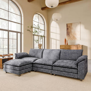 JUMMICO 118.9" Modular Sectional Cloud Couch 3-Seat Sofa Set with Movable Ottoman, L Shaped Sofa Couch with Deep Seat, Chenille Couches for Living Room (Light Grey-4, L Shaped Sofa)