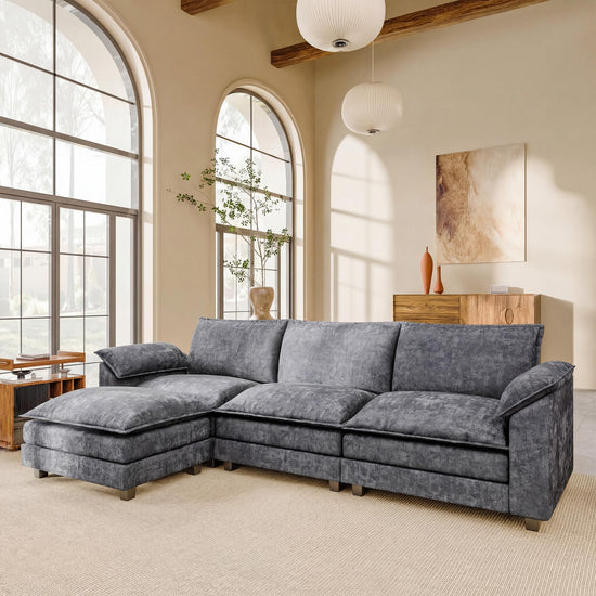 JUMMICO 118.9" Modular Sectional Cloud Couch 3-Seat Sofa Set with Movable Ottoman, L Shaped Sofa Couch with Deep Seat, Chenille Couches for Living Room (Light Grey-4, L Shaped Sofa)