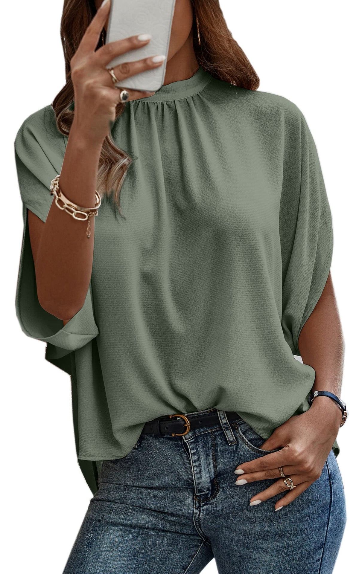 Angashion shirt — Short sleeve self tie loose fit tunic blouse