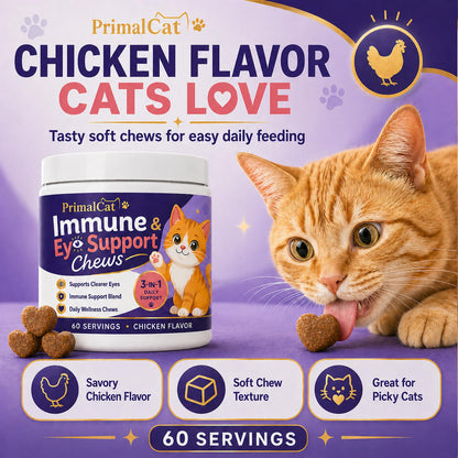 PrimalCat Immune & Eye Support, Chicken Flavor Upgraded Primal Cat Immune Chews, Cat Food, Supports Healthy Eyes and Immune Function 60 Chews (1 Pcs)