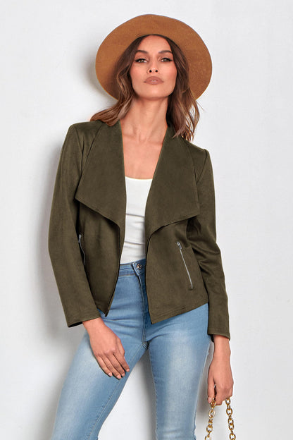 PRETTYGARDEN faux suede cropped coat with open front design