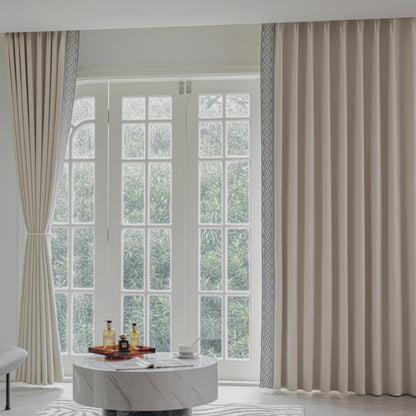 VisionaryHomeDesign curtain panels with embroidered design and tape trim
