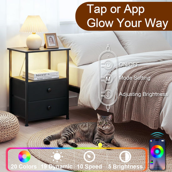 LoakeKEL night stand - LED nightstand with charging station and storage shelf