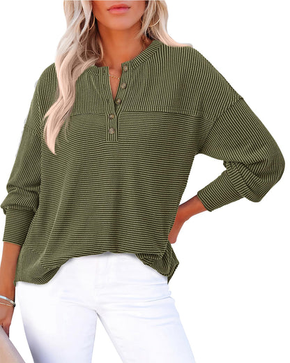 KIRUNDO shirt — casual ribbed knit long sleeve button v neck blouse for women