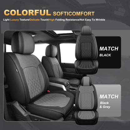 AOMSAZTO vehicle seat covers - Faux leather waterproof full set for Ford F150 F250 F350 F450 2009-2026 in black and grey