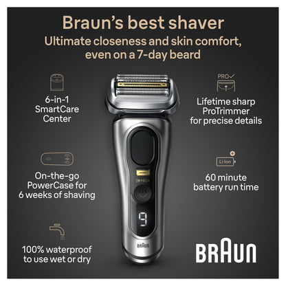 Braun Series 9 Pro+ electric shaver — stainless steel, battery powered
