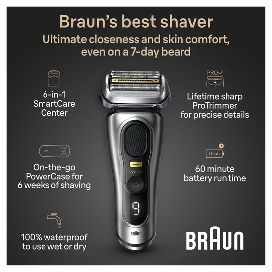 Braun Series 9 Pro+ electric shaver — stainless steel, battery powered