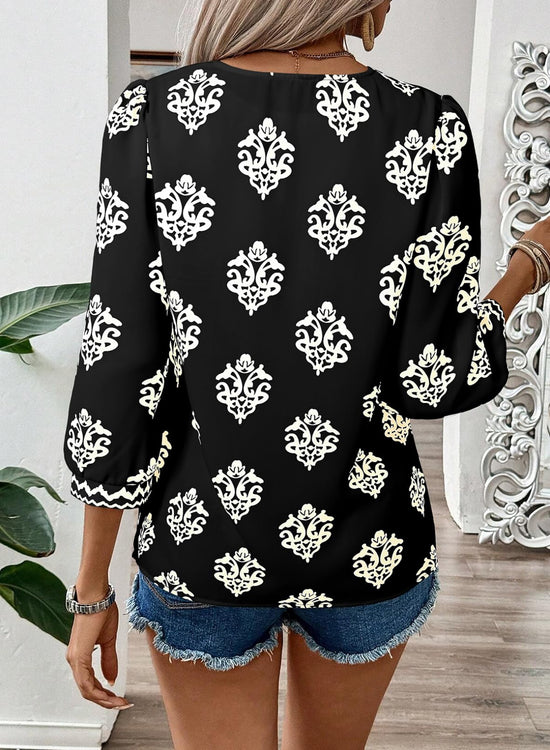 SHEWIN women's chiffon blouse with floral print and v neck design in boho style