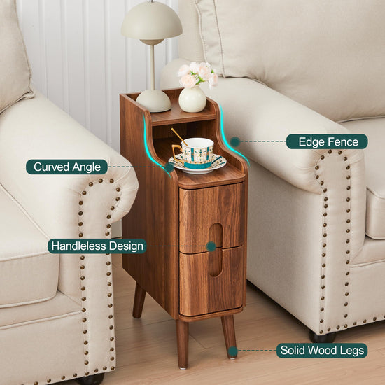 Narrow End Table Living Room, Wooden Small 2 Drawer Nightstand Bedroom, Thin Couch Side End Table, Vintage Skinny Bedside Table Small Spaces, Mid Century Modern Night Stand with Drawers (Walnut-1 pc)