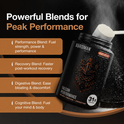 BIRDMAN protein supplement powder — Vegan formula with 31g protein and probiotics