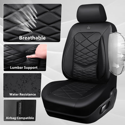 CAR PASS Luxury Nappa Leather Seat Covers Full Set, Water Resistant Faux Leather Seat Covers with Lumbar Support, Comfortable Automotive Seat Covers Universal Fit for SUV Sedan Van Truck, Solid Black