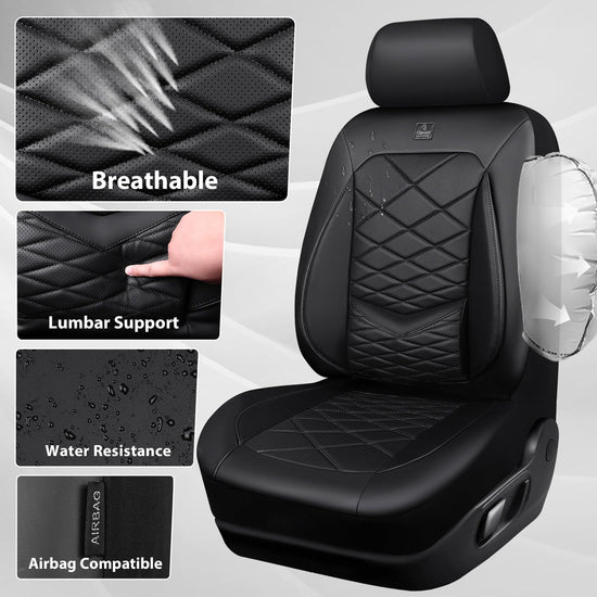 CAR PASS Luxury Nappa Leather Seat Covers Full Set, Water Resistant Faux Leather Seat Covers with Lumbar Support, Comfortable Automotive Seat Covers Universal Fit for SUV Sedan Van Truck, Solid Black