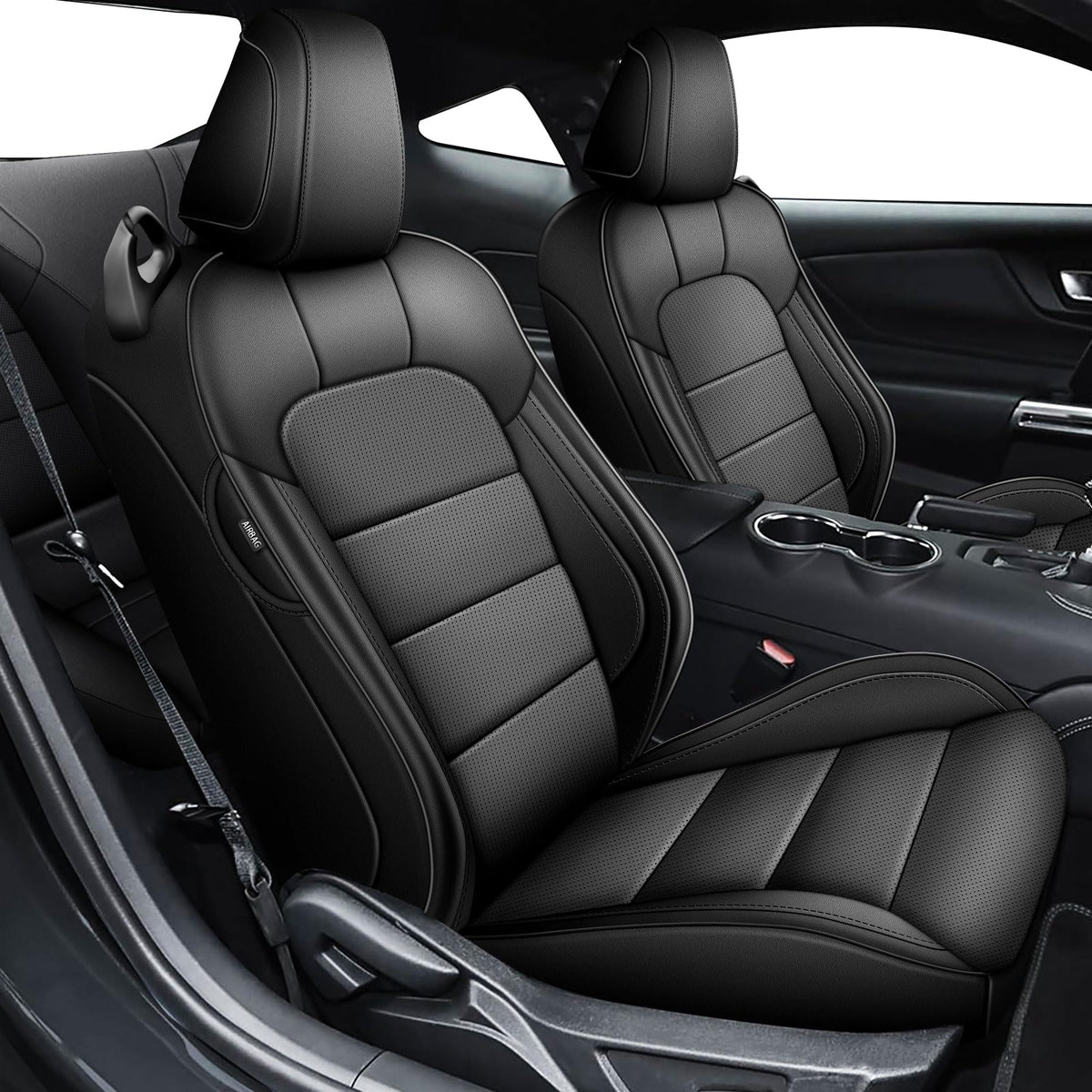 AOMSAZTO vehicle seat cover - Custom fit faux leather black for Ford Mustang 2015-2026