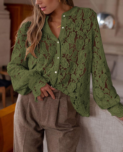 PRETTYGARDEN shirt — lace long sleeve button up blouse for women in spring and fall fashion
