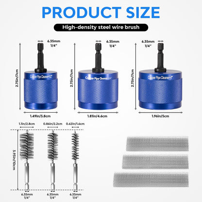 DDayuanwei 1/2" & 3/4" & 1" Copper Pipe Cleaner for Drill, with 1/4 Hex Shank & 3 Stainless Steel Wire Brushe, for Cleaning Rust, Stains, Paint on Copper Pipes and Various Metal Pipes(Blue)