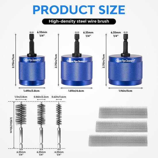 DDayuanwei 1/2" & 3/4" & 1" Copper Pipe Cleaner for Drill, with 1/4 Hex Shank & 3 Stainless Steel Wire Brushe, for Cleaning Rust, Stains, Paint on Copper Pipes and Various Metal Pipes(Blue)