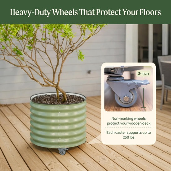 Rolling Metal Planter Pot with Wheels — 30 Gallon, 24" Round | Olive Green