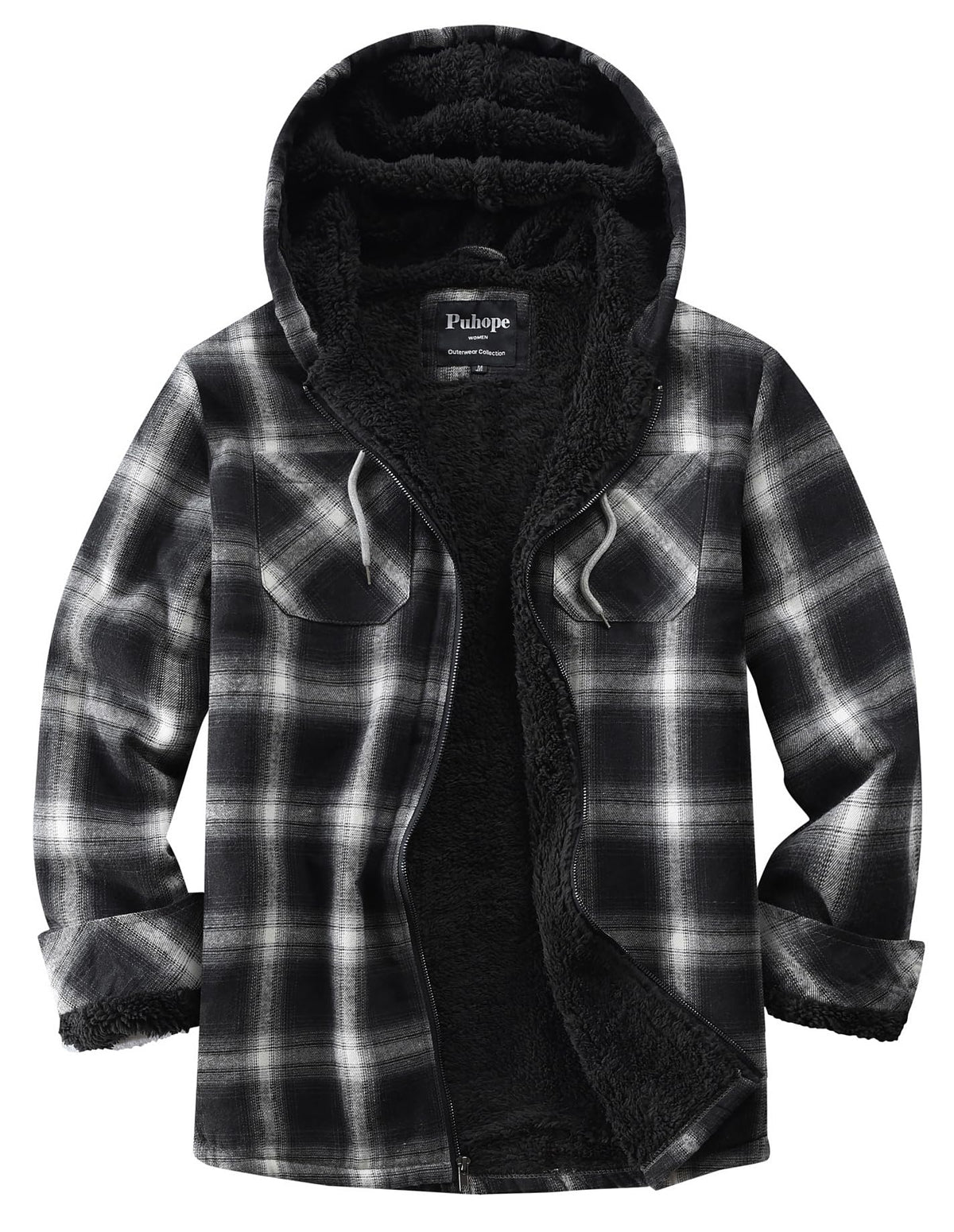 Puhope women's sherpa lined coat — fleece zip up with flannel plaid design