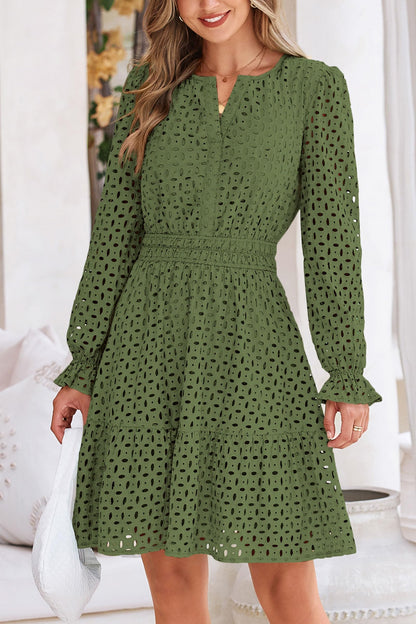 Dress — Long sleeve eyelet v neck A line holiday wedding guest dress