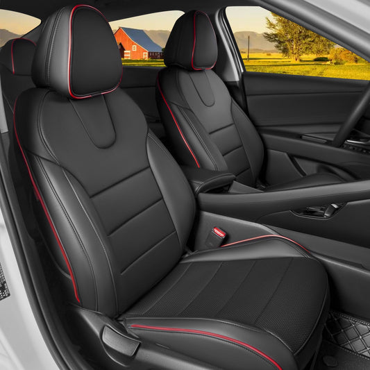 HKZ Elantra seat covers — custom fit leather full set in black and red for Hyundai Elantra 2021-2026 SE/SEL/SEL Sport & Hybrid with rear bench and fixed headrests.