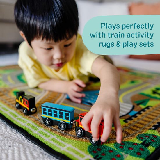 Melissa & Doug wooden train set — 8-piece magnetic train cars with storage tray