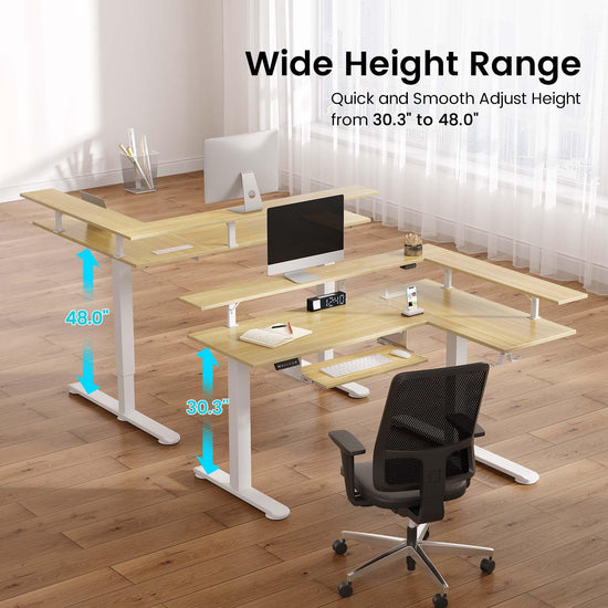Rolanstar L shaped desk with LED light and power outlet. 61.2 height adjustable electric desk.