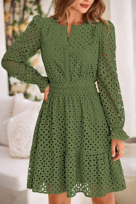 Dress — Long sleeve eyelet v neck A line holiday wedding guest dress