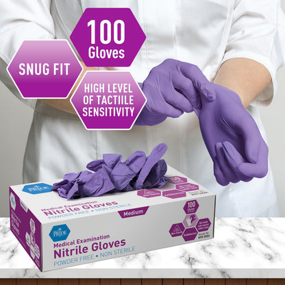 MedPride protective gloves — powder-free nitrile exam gloves in iris blue, medium, box of 100