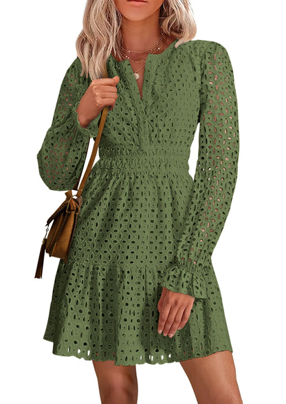 Dress — Long sleeve eyelet v neck A line holiday wedding guest dress