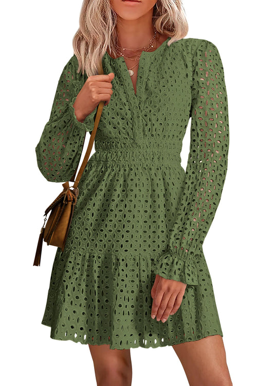 Dress — Long sleeve eyelet v neck A line holiday wedding guest dress