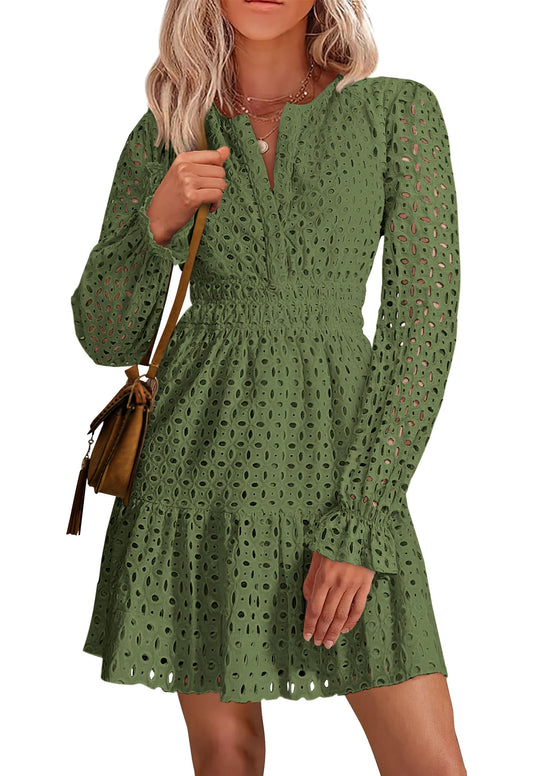 Dress — Long sleeve eyelet v neck A line holiday wedding guest dress
