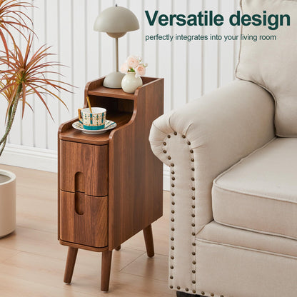 Narrow End Table Living Room, Wooden Small 2 Drawer Nightstand Bedroom, Thin Couch Side End Table, Vintage Skinny Bedside Table Small Spaces, Mid Century Modern Night Stand with Drawers (Walnut-1 pc)