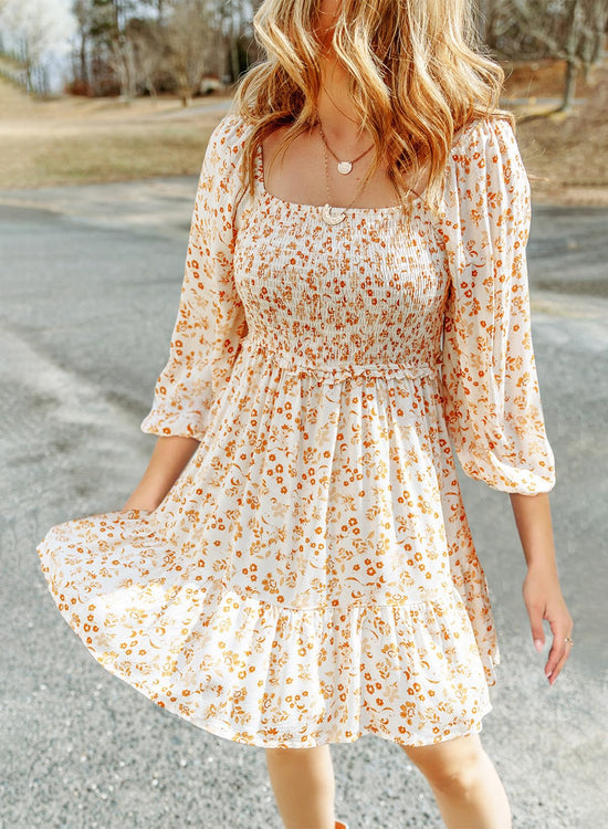 Dokotoo dress — boho floral square neck smocked mini dress