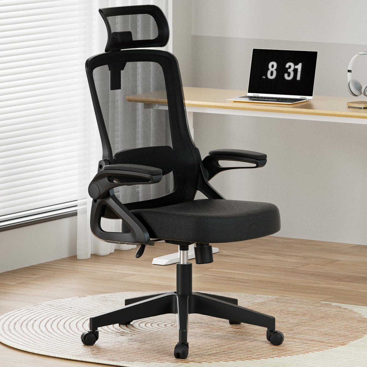 Ergonomic office chair — adjustable lumbar support and rotatable headrest