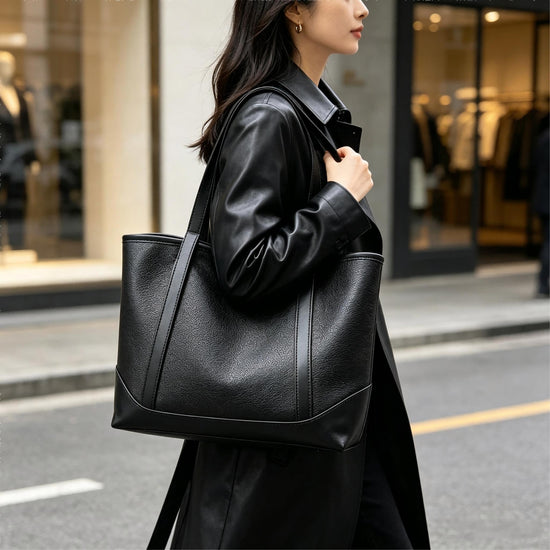 Borsa a Spalla da Donna in Pelle con Texture Litchi Nera Tote Casual Bag Bag da donna per i pendolari, borsa da donna per ufficio, borsa da doppio uso a spalla