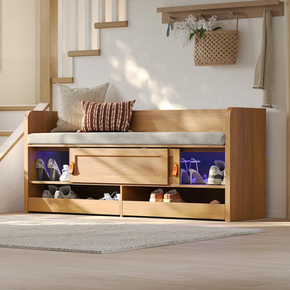 STO'SENSE Premium Entryway Bench with Storage & Invisible UV Shoe Care Modern Oak Mudroom Bench with Hidden Sliding Doors & Pop-Out Drawers Upholstered Seating, 47" (Oak)