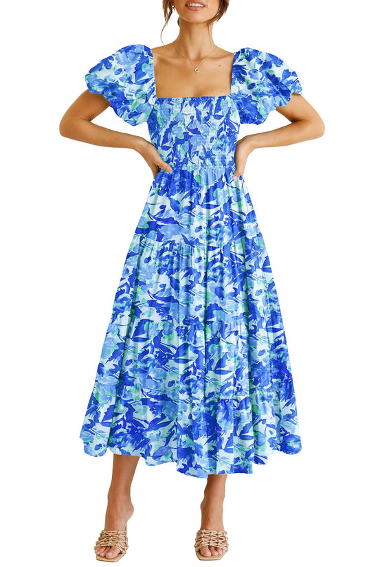 Dress — Casual summer midi dress with puffy short sleeves and ruffles